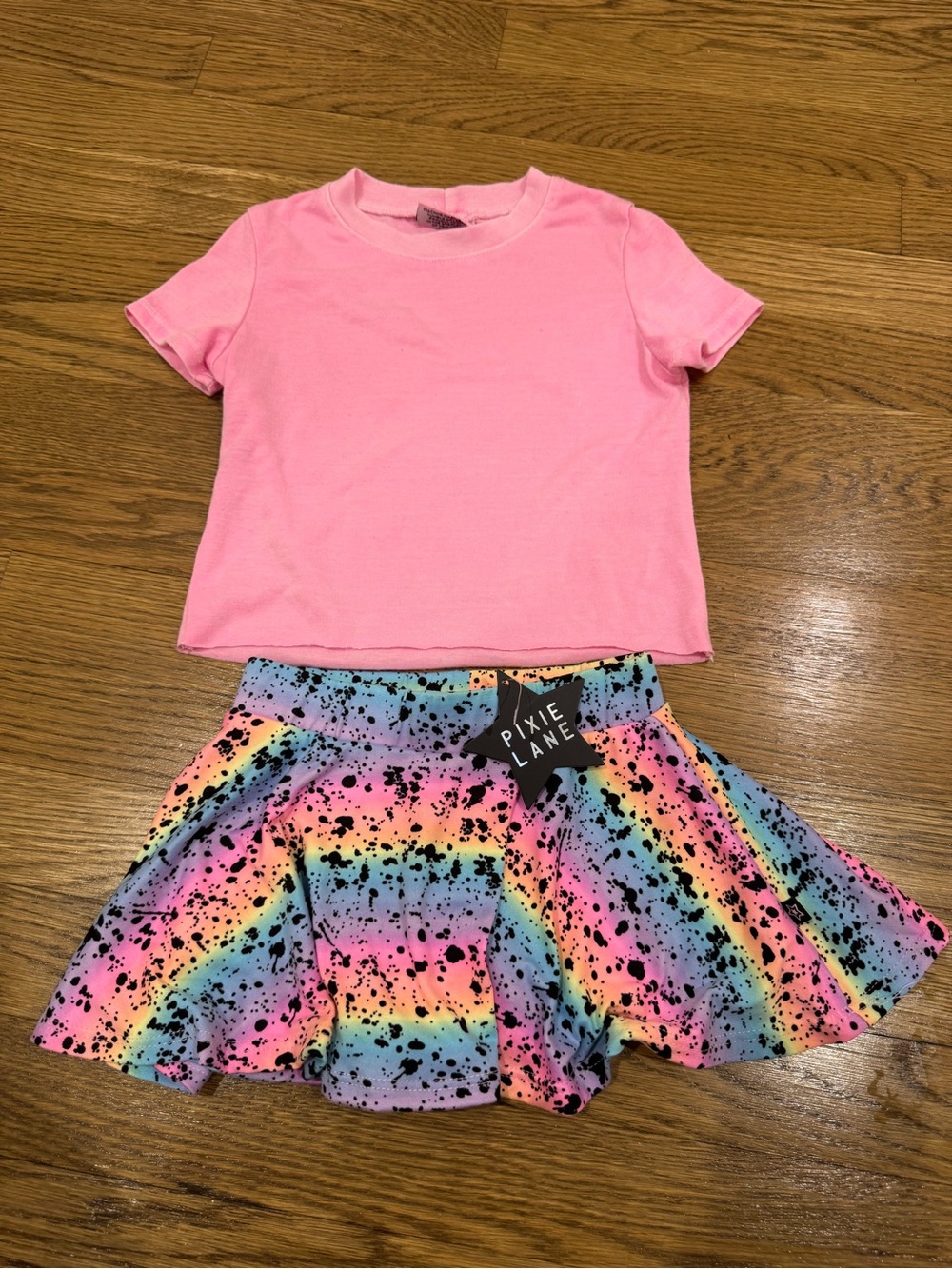 Pixielane Rainbow Speckle Skater Skort 2T Firehouse 2/3 Pink tee NWT